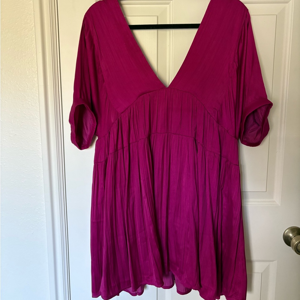 Vibrant Pink V-Neck Shiny Sun Up Mini Dress